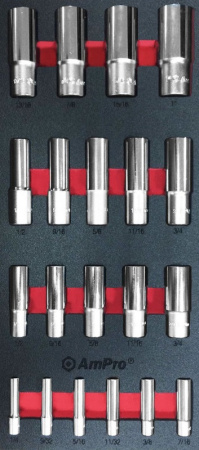 AMPRO HYLSYSARJA PITKÄT 1/4", 3/8", 1/2" 20-OSAINEN, MODUULI, VA-SARJA