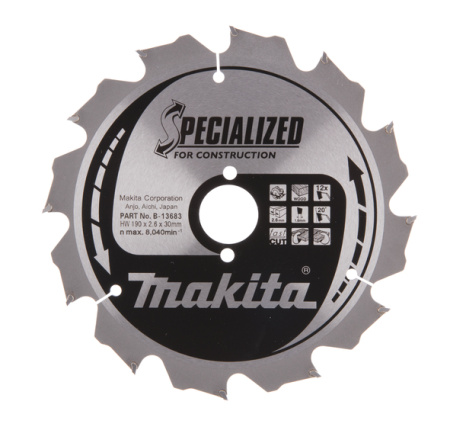 MAKITA B-13683 PYÖRÖSAHANTERÄ 190X30X2,6MM, Z-12, NAULAINEN JA BETONINEN PUU 