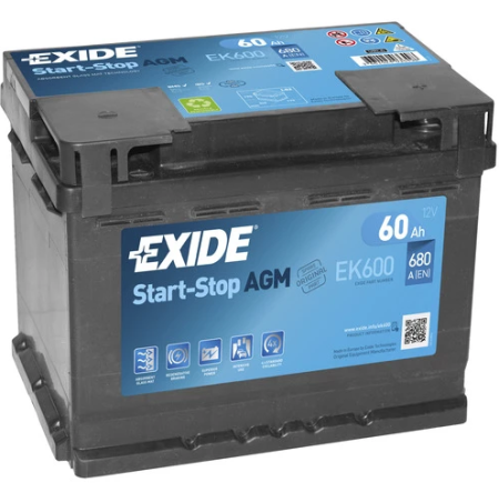 EXIDE AGM START&STOP AKKU 12V, 60AH/680A, P242, L175, K190 (+/-)