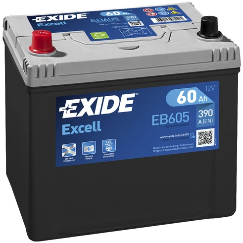 EXIDE EXCELL AKKU 12V, 60AH/480A, P230, L173, K222 (+/-) EB605